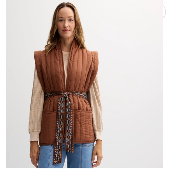 Women's Brown Quilted Vest with Embroidered Belt - Picture 3 of 7